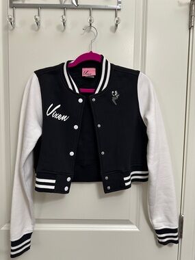 Vixen by Micheline Pitt Black and White Cropped Varsity Jacket